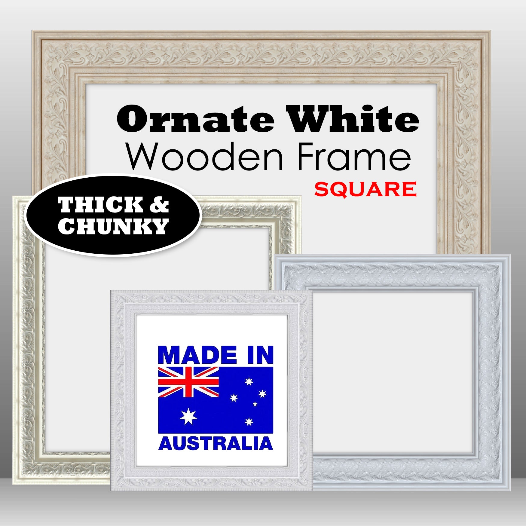 Square Thick Wooden Ornate White Frame Classic Handmade Chunky Photo Frames