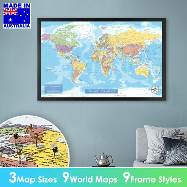 Large Detailed Push Pin Travel Map, Personalized Travel Tracker Canvas with Frame, Visited Countries Pin Board Wall Art, Bonus 100x Pushpins