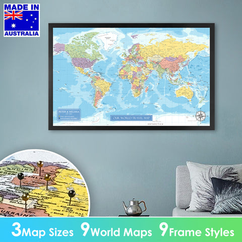 Large Detailed Push Pin Travel Map, Personalized Travel Tracker Canvas with Frame, Visited Countries Pin Board Wall Art, Bonus 100x Pushpins
