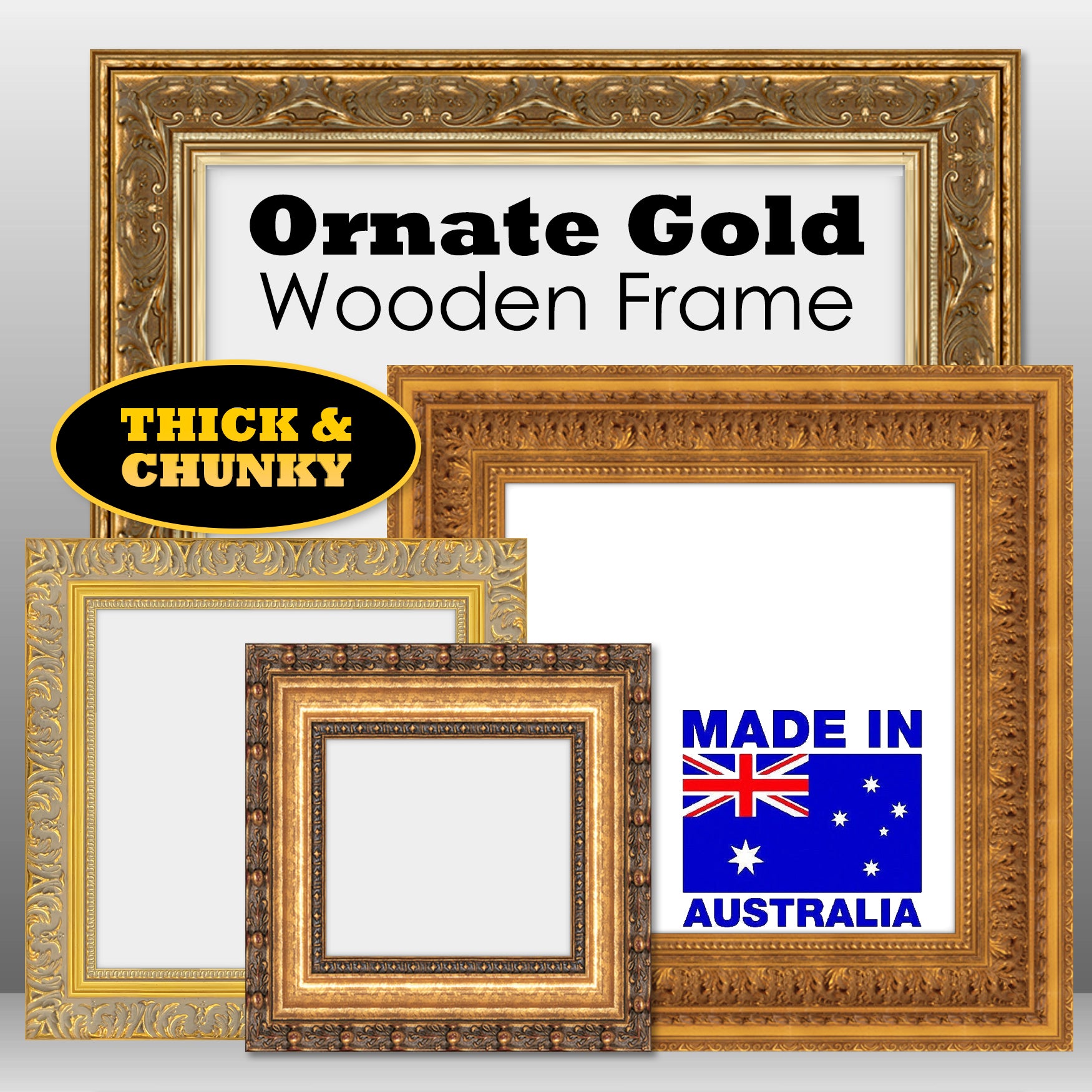 Square Thick Wooden Ornate Gold Frame Classic Handmade Chunky Photo Frames Wall