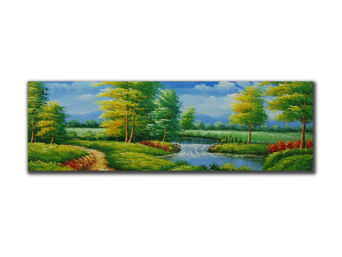Genuine Oil painting, Landscape river scene, panorama size 50x150cm, stretched o