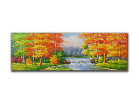 Genuine Oil painting, Country scene with river, panorama size 50x150cm, stretche