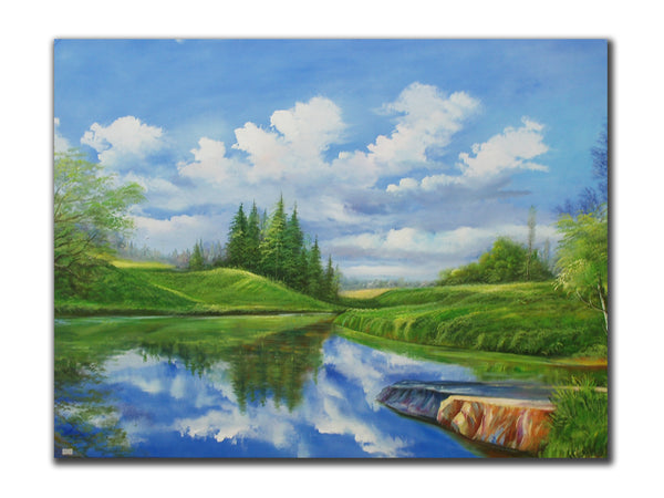 Genuine Oil painting, Country scenerywith river, size 90x120cm, stretched on 40m