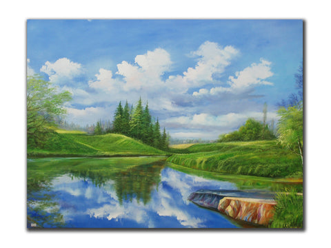 Genuine Oil painting, Country scenerywith river, size 90x120cm, stretched on 40m