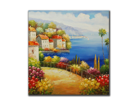 Genuine Oil painting, Mediterrean Coastal scenery, size 100x100cm, stretched on