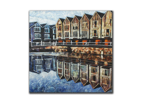 Genuine Oil painting, House on the river, size 100x100cm, stretched on 40mm timb