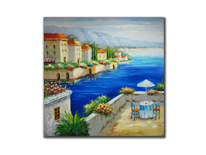 Genuine Oil painting, Mediterrean Coastal scenery, size 100x100cm, stretched on