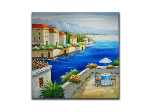 Genuine Oil painting, Mediterrean Coastal scenery, size 100x100cm, stretched on