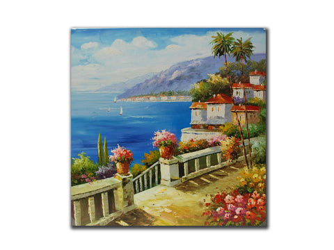 Genuine Oil painting, Mediterrean Coastal scenery, size 100x100cm, stretched on