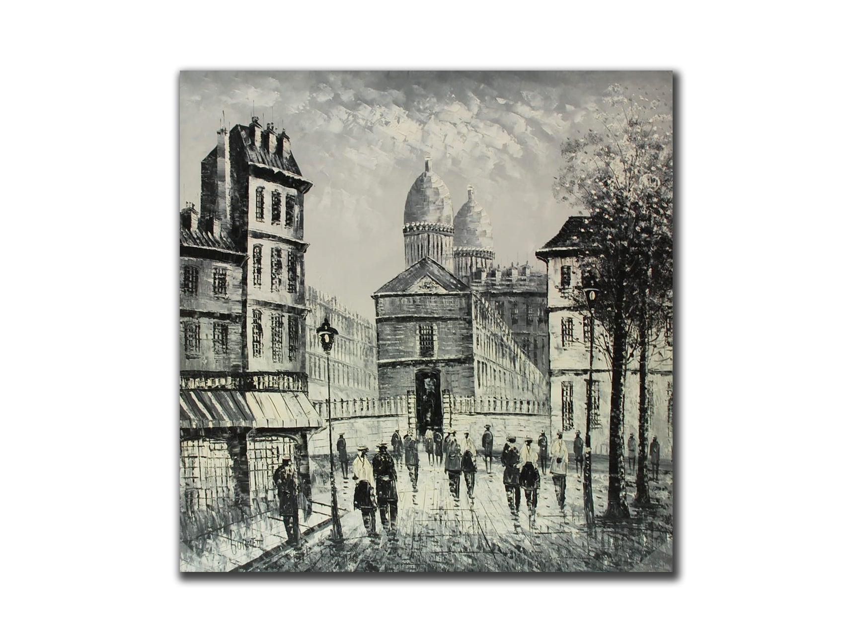 Genuine Oil painting, Black and white Paris scenery, size 100x100cm, stretched o