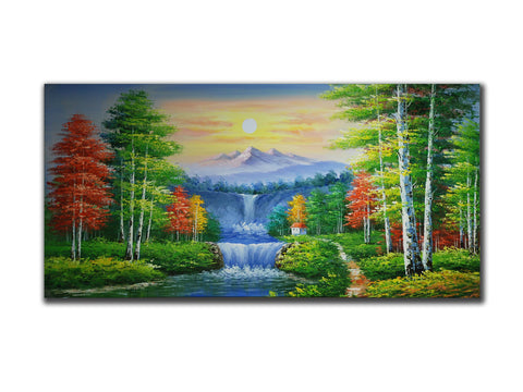 Genuine Oil painting, Fungshui scenery with mountain, sunrise, river and tree, s