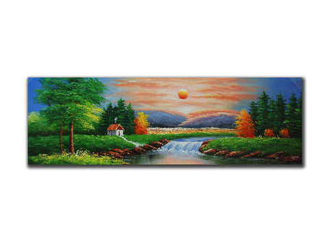 Genuine Oil painting, Country scene with sunrise and river, Panorama size 50x150
