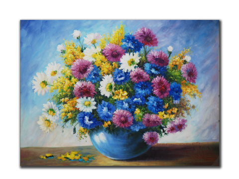 Floral Geuine oil painting, Blue purple flowers on pot, size 80x80cm stretched o