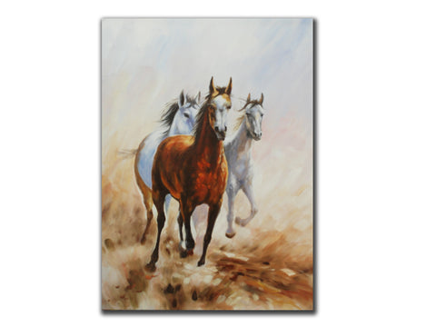 Genuine oil painting, 3 running horses, size 90x120cmstretched on 40mm wooden fr